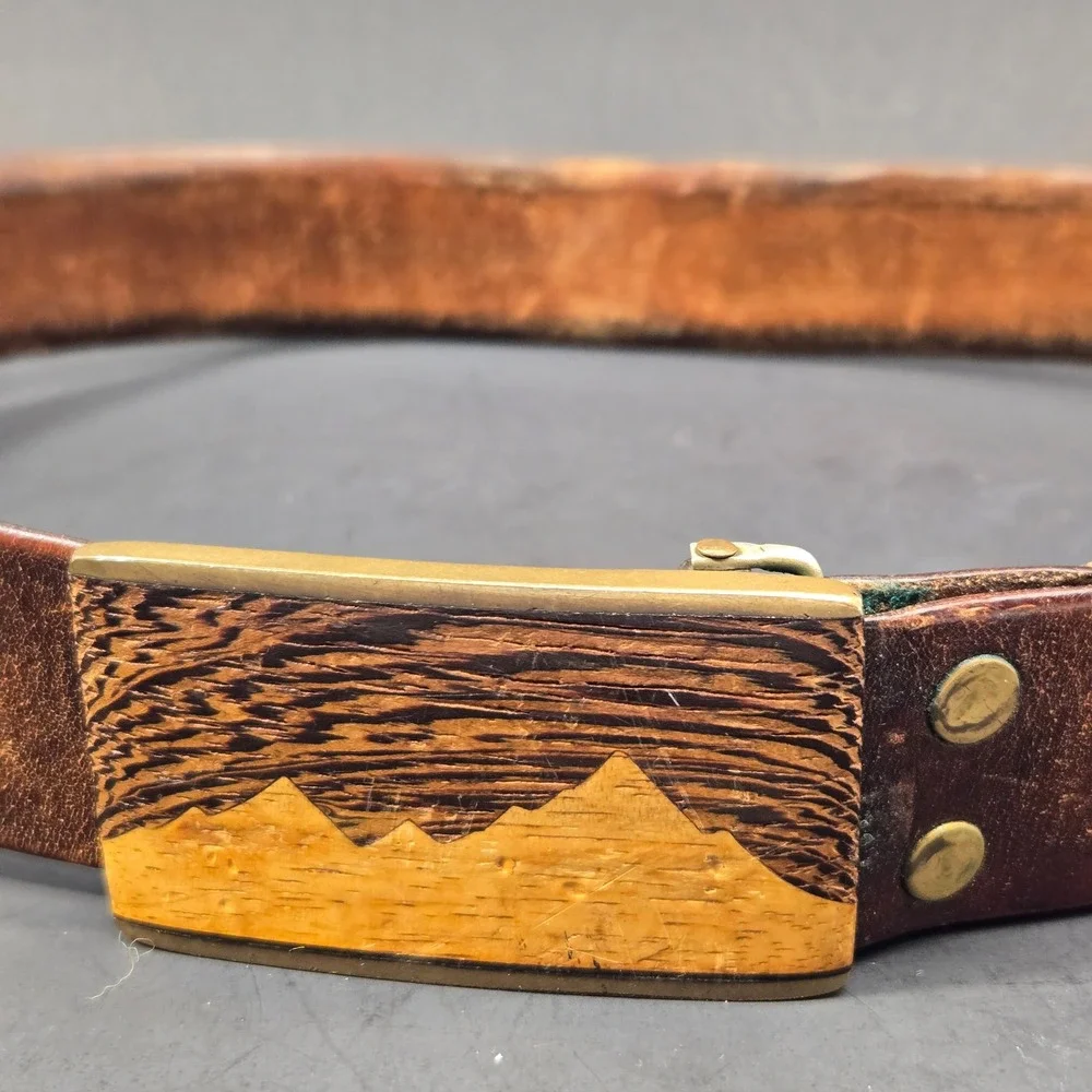 Kenneth Reid Albuquerque Brass Wood Mountain Inlay Leather Belt Vintage Brown